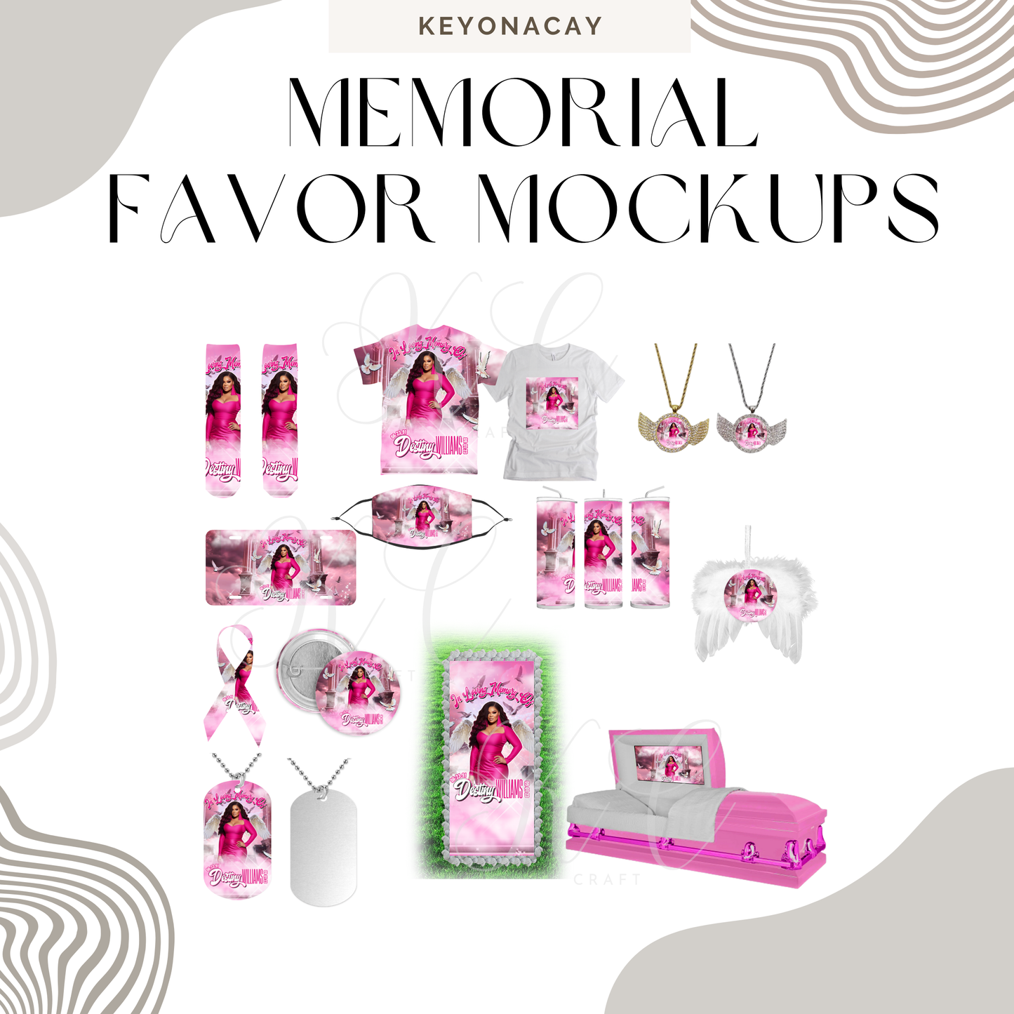 Pink Funeral Favor Mockups | Shirt, Cup, Sock & Pin Mockup Set | Memorial Keepsake Mockups